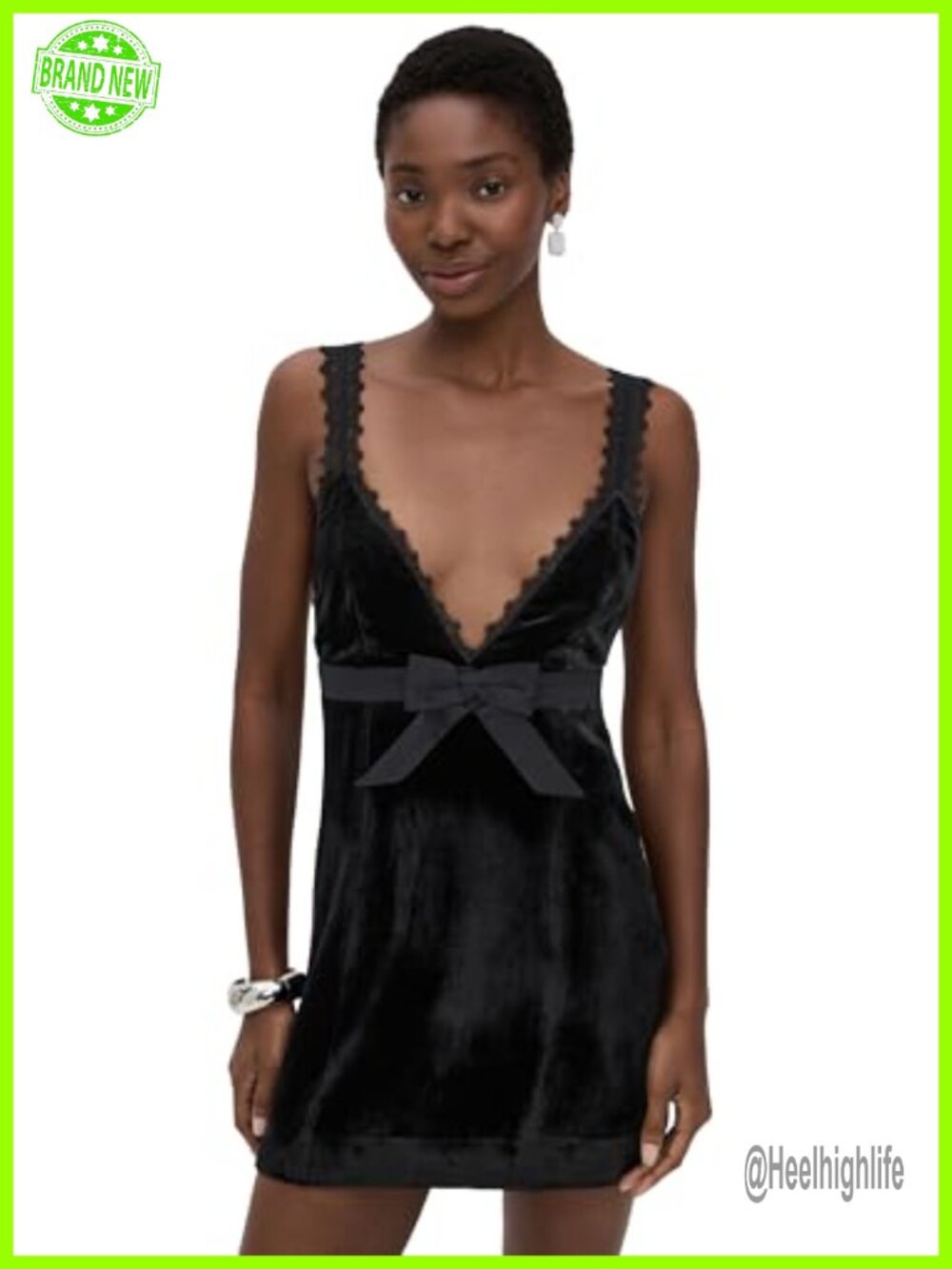 Velvet Mini Dress Sleeveless V-Neck Lace Trim Bow Club Night Out